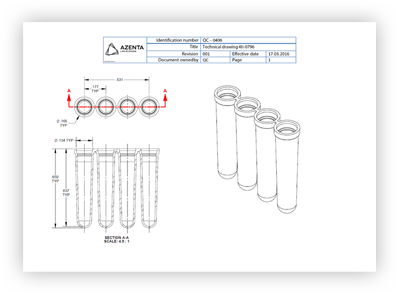 4 Well PCR Tube Strips, Rotor-Gene® Style, With Caps Technical Drawing