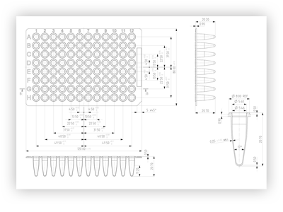 96 Well Non-Skirted PCR Plate Technical Drawing