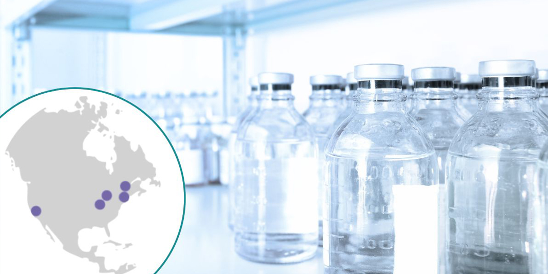 Pharma products in bottles with USA map superimposed