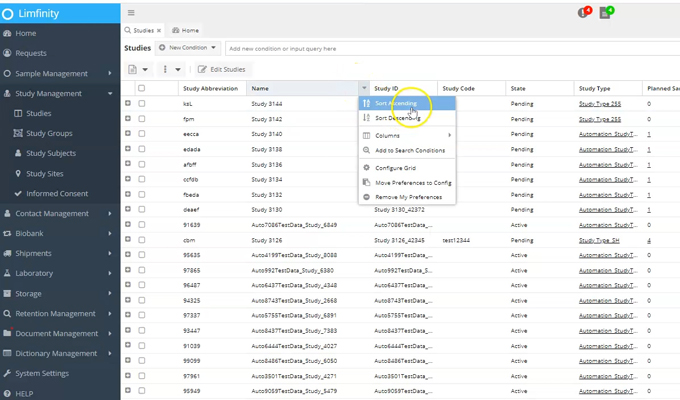 Limfinity® Biobanking LIMS: Configuring Grid Views