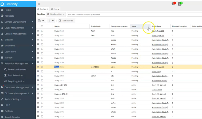 Limfinity® Biobanking LIMS: Conditional Search on Grid View
