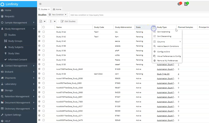 Limfinity® Biobanking LIMS: Saved Grid View Searches